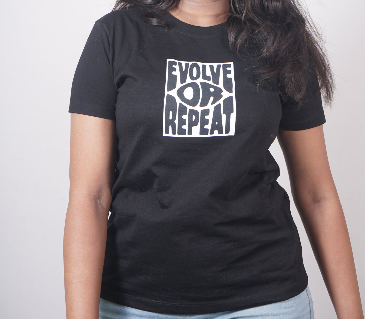 evolver or repeat - womens black tshirt